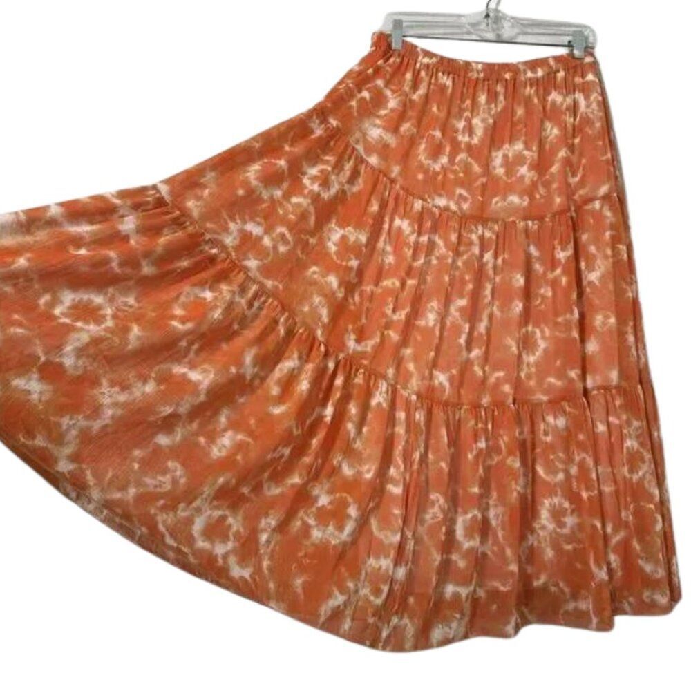 Tie Dye Bohemian Ruffle Midi Skirts A-Line Orange Louis Dell'Olio Size M